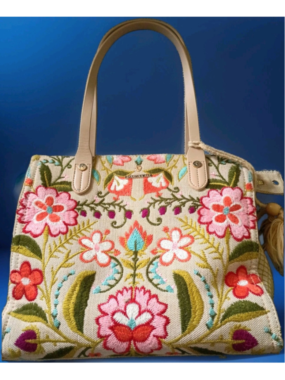 SPARTINA 449-CORDELIA Embroidered Floral Linen Box Tote Coastal Beach Boho Siren